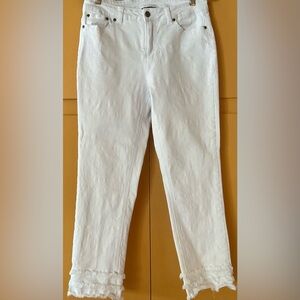 White Cropped Jeans with Ruffled Hem